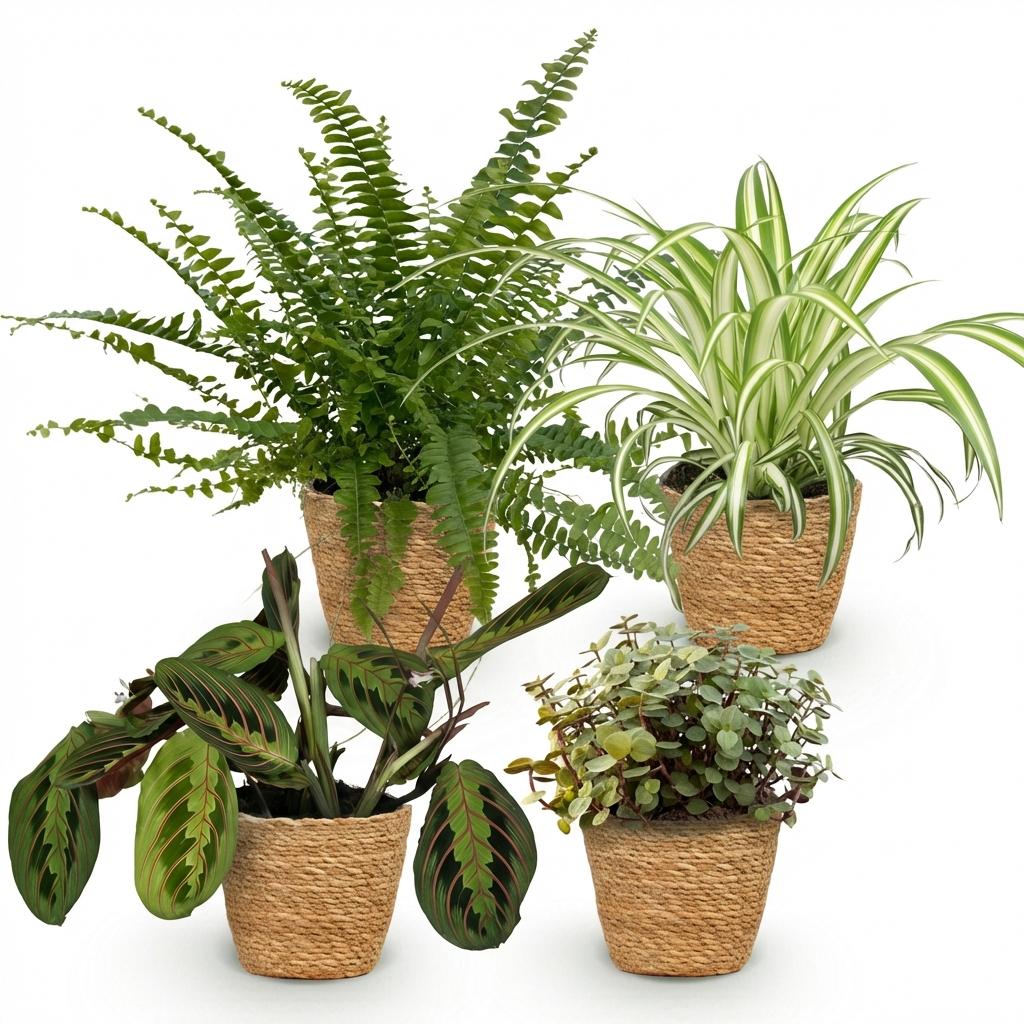 Green boutiQ - Kamerplant - Chlorophytum - Maranta - Calissia - Nephrolepsis - Mix van 4 - Huisdiervriendelijke Planten - Groen - 4 Planten - met Mand - Pot 12cm - Hoogte 25cm